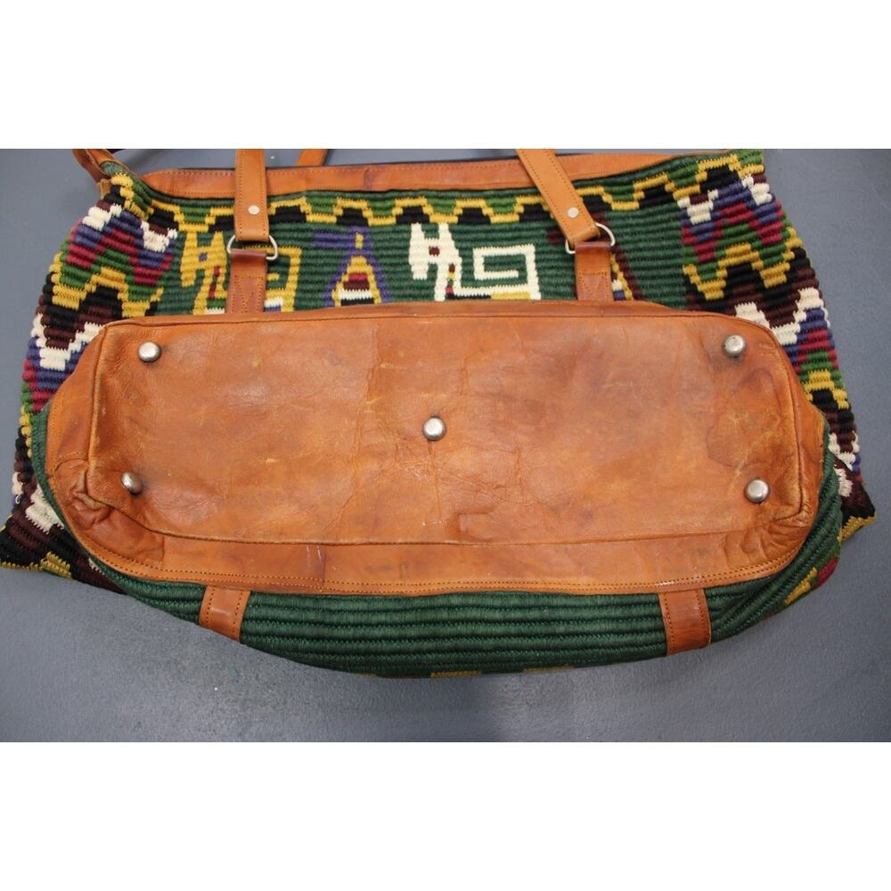 Vintage Handmade Woven Tote Bag Leather Trim Boho Guatemala Alpaca Wool Travel - Picture 10 of 14